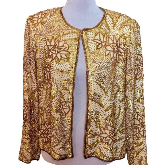 Creative Creations Gold Evening Jacket Womens M Sequin Beaded Embellished VTG - Picture 13 of 14